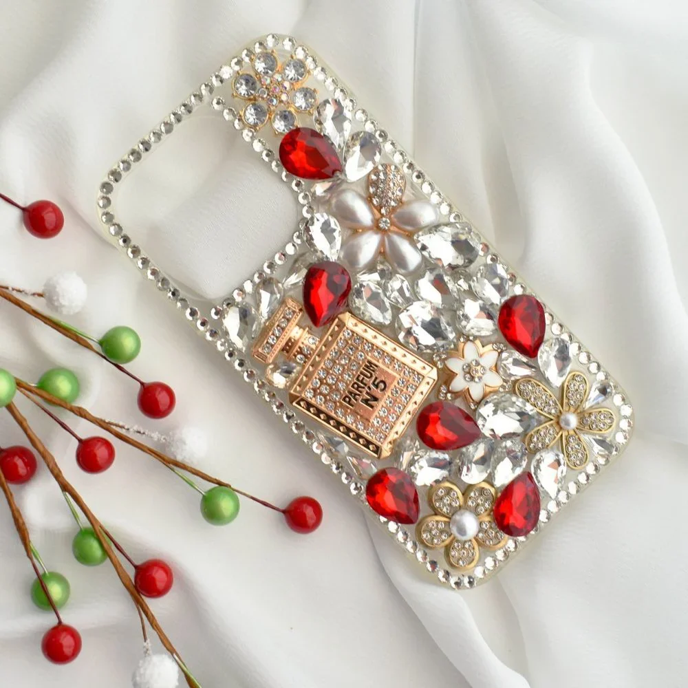 Diamond Encrusted Silicone Red iPhone case with Perfume bottle - iPhone 14/13